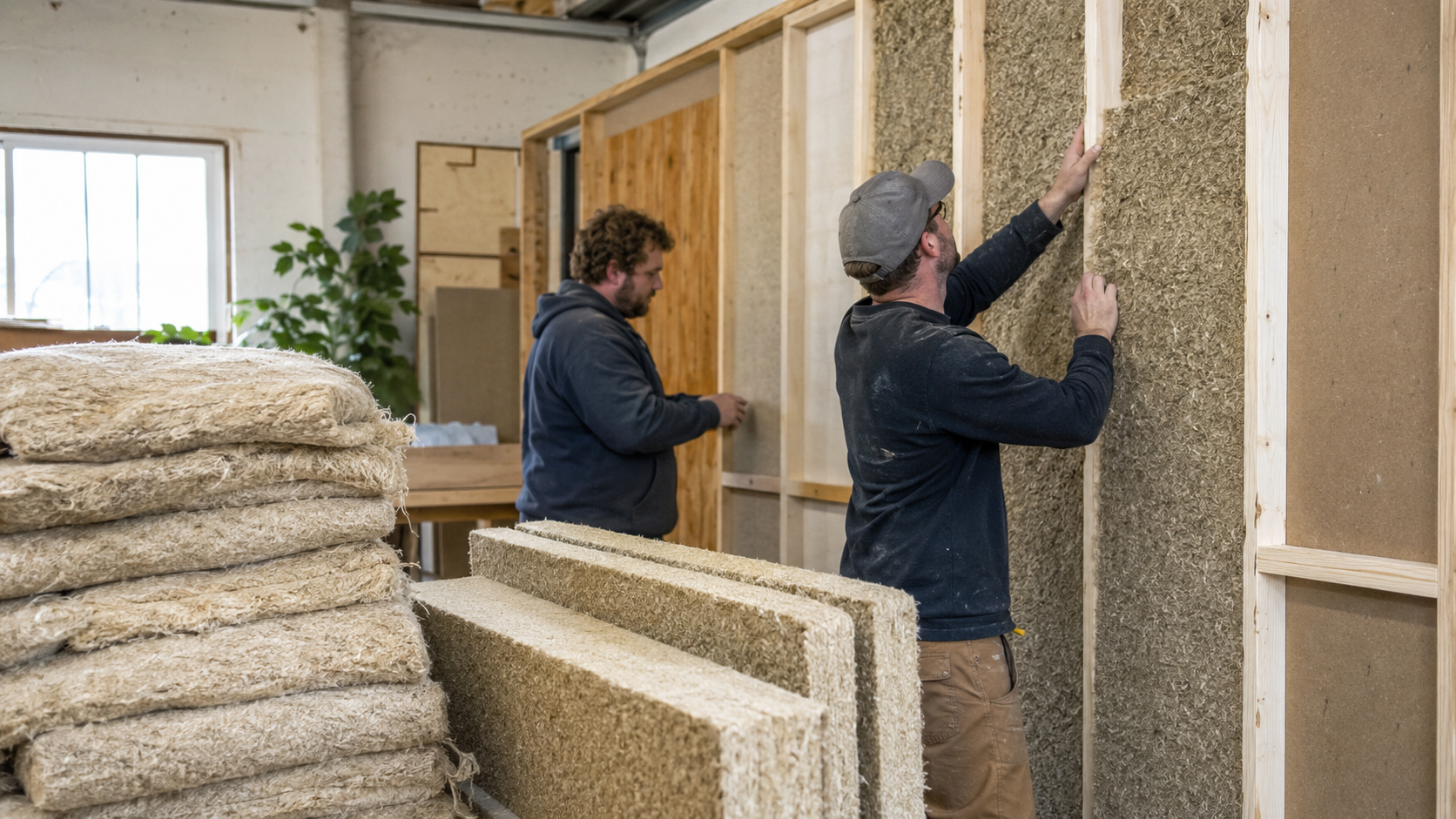 Workers installing hemp insulation panels in a framed wall with stacks of hemp insulation material in the foreground.