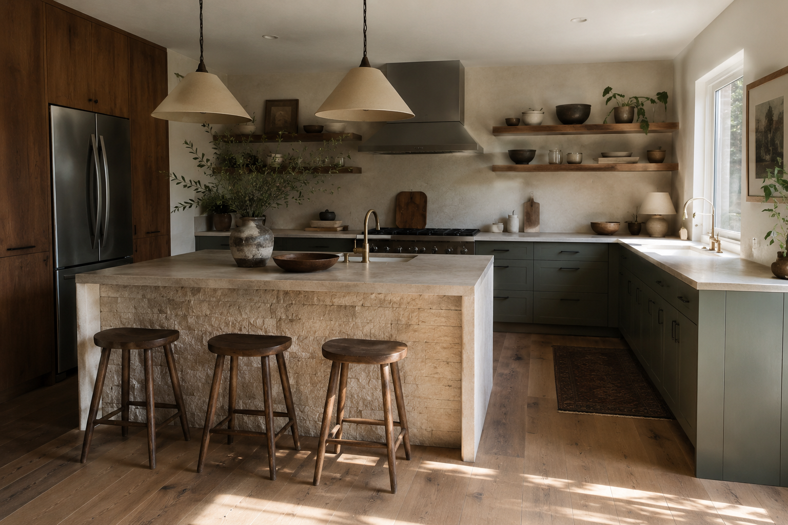Modern kitchen with a natural stone island, warm wood cabinets, muted green lower cabinets, stools, shelves, and soft window light.