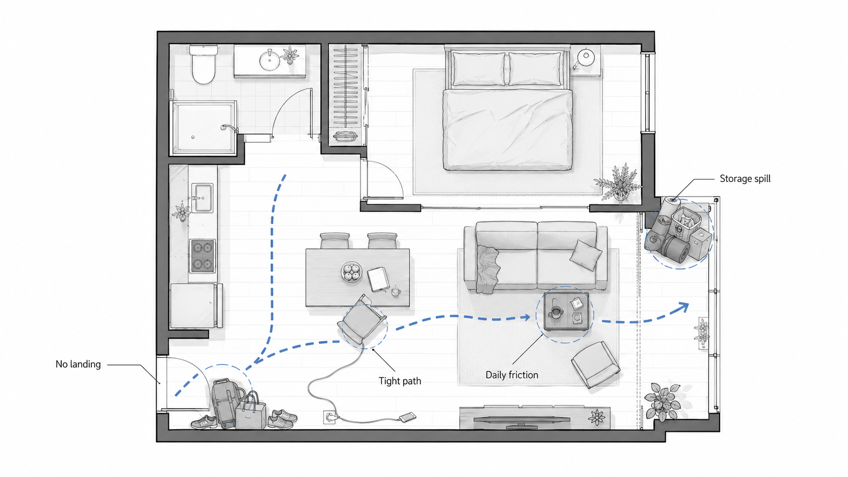 Room layout diagram showing bags at the entry, charger cable across the path, tight furniture clearance, storage spill, and daily-use friction after several weeks.