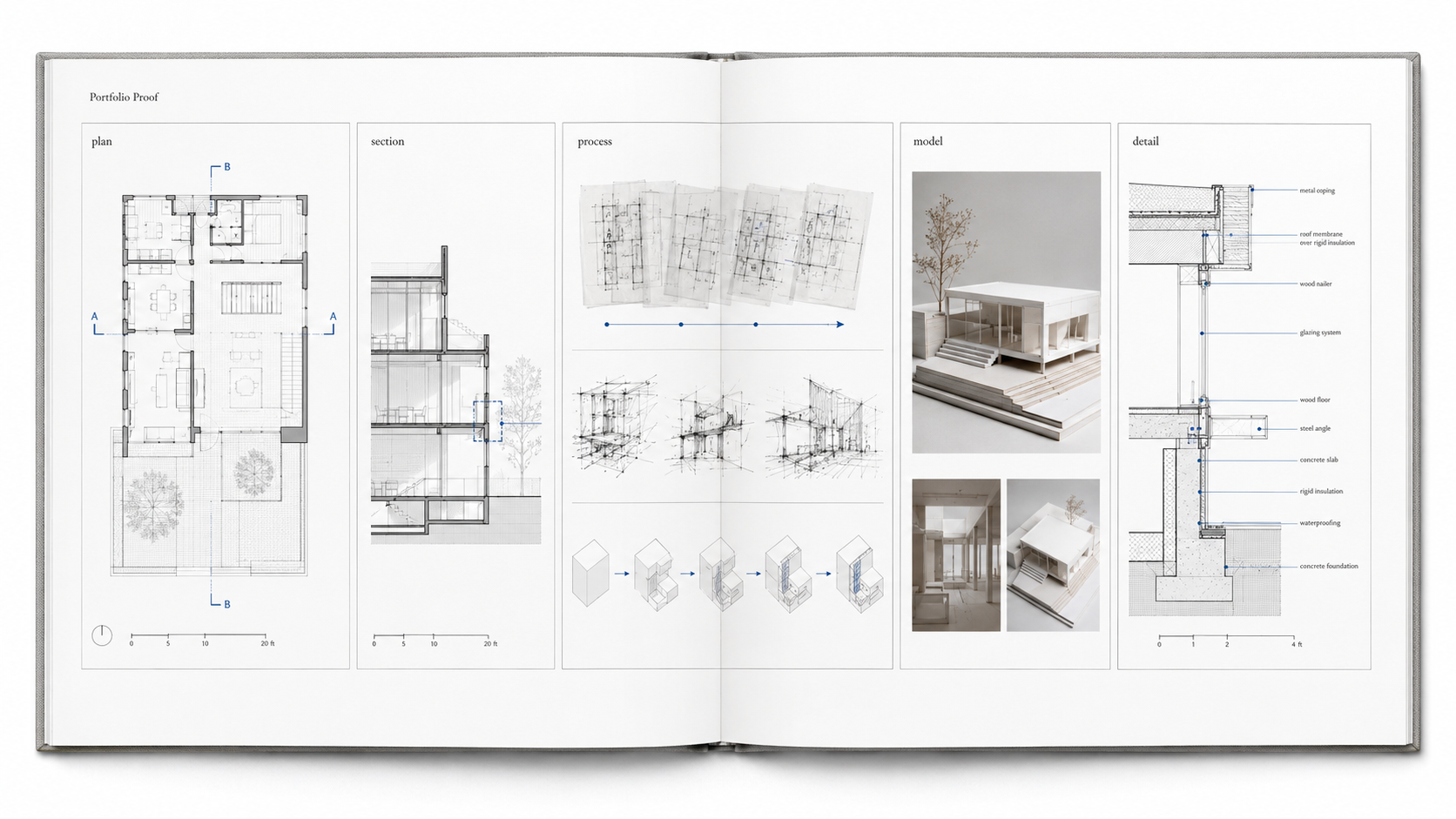 Open architecture portfolio spread showing plan, section, process sketches, model photos, and construction detail evidence for an M.Arch application.