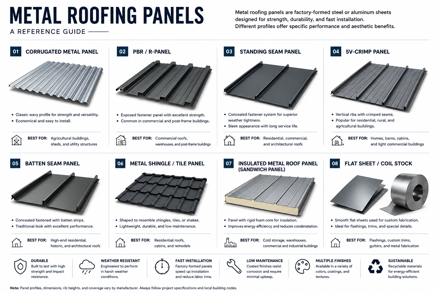 Metal roofing panel profile guide showing corrugated, PBR, standing seam, 5V-crimp, batten seam, metal shingle, insulated panel, and flat sheet coil stock.