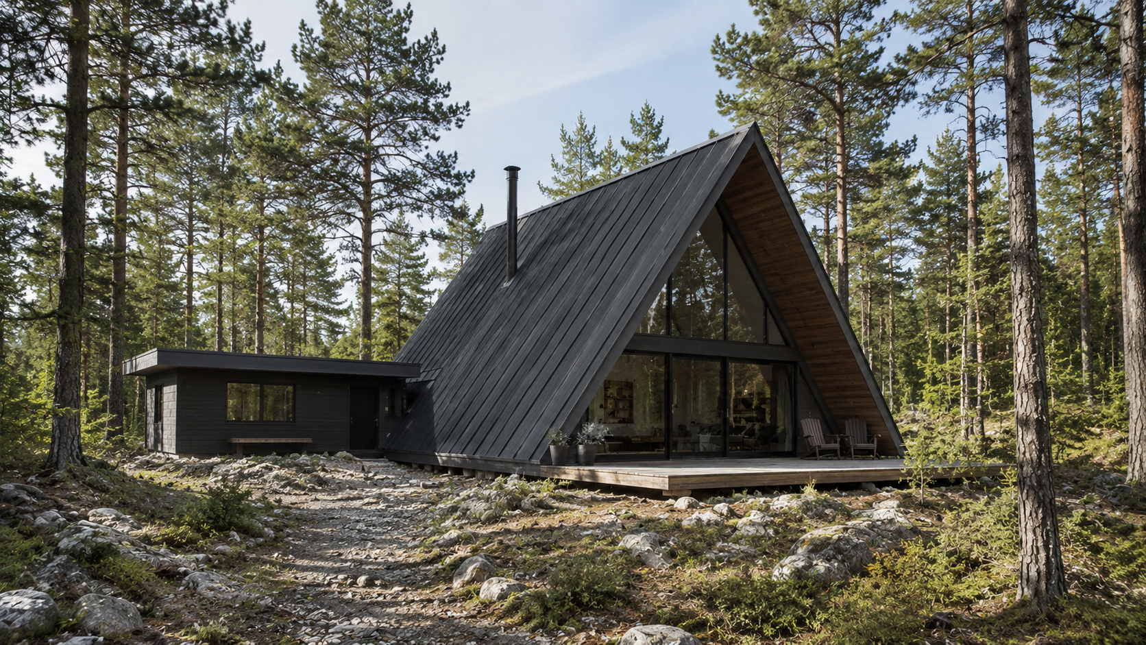 Modern dark A-frame cabin with a metal roof and side wing set in a pine forest.
