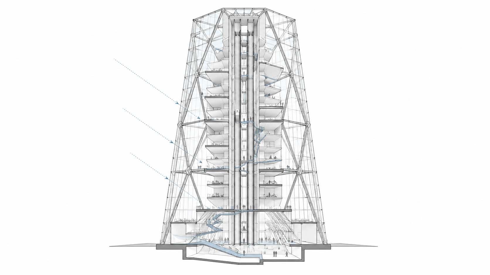 Norman Foster high-tech architecture diagram showing a glass tower section with diagrid structure, central core, daylight paths, and public circulation.