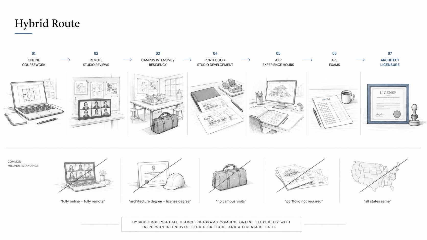 Hybrid online M.Arch diagram showing online coursework, remote studio reviews, campus residency, portfolio development, AXP hours, ARE exams, and licensure.
