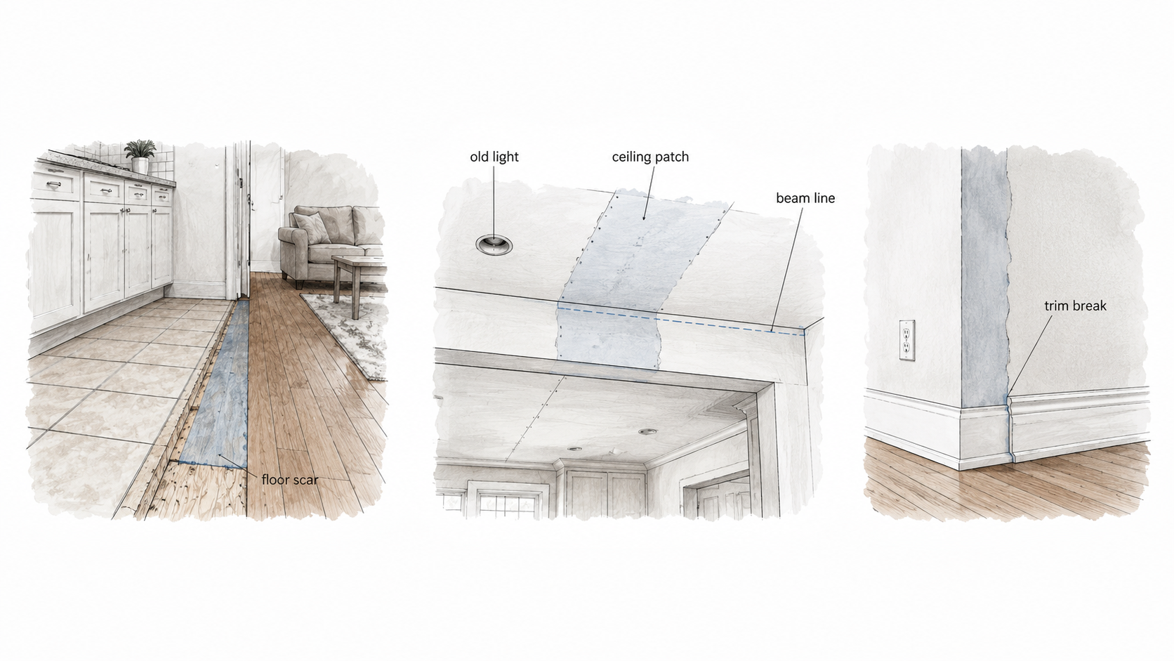 Diagram showing floor scars, ceiling patches, beam line, old light location, and trim breaks after kitchen wall removal.