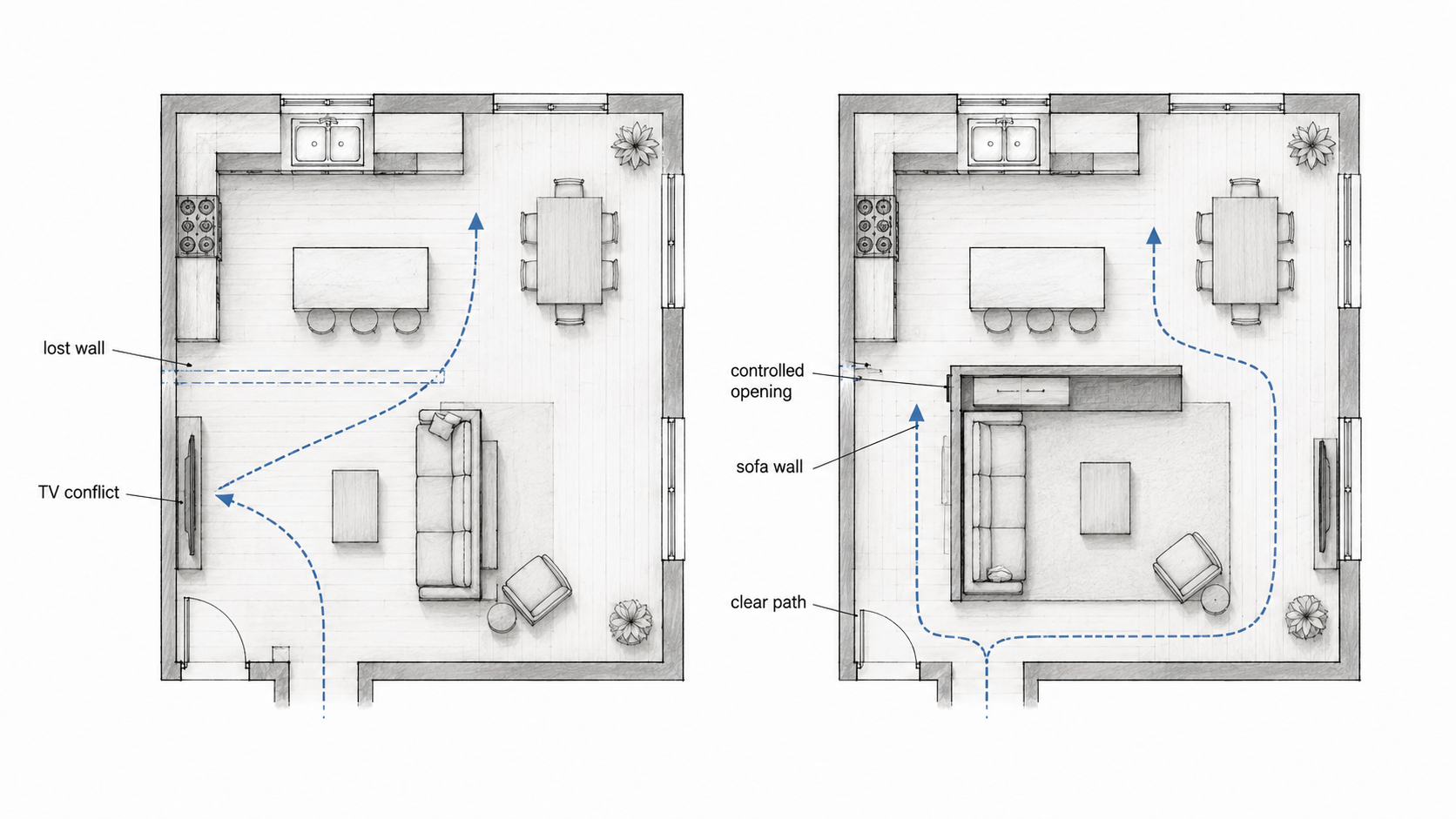 Comparison plan showing how removing too much kitchen wall can create TV conflict, lost furniture wall, and poor circulation.