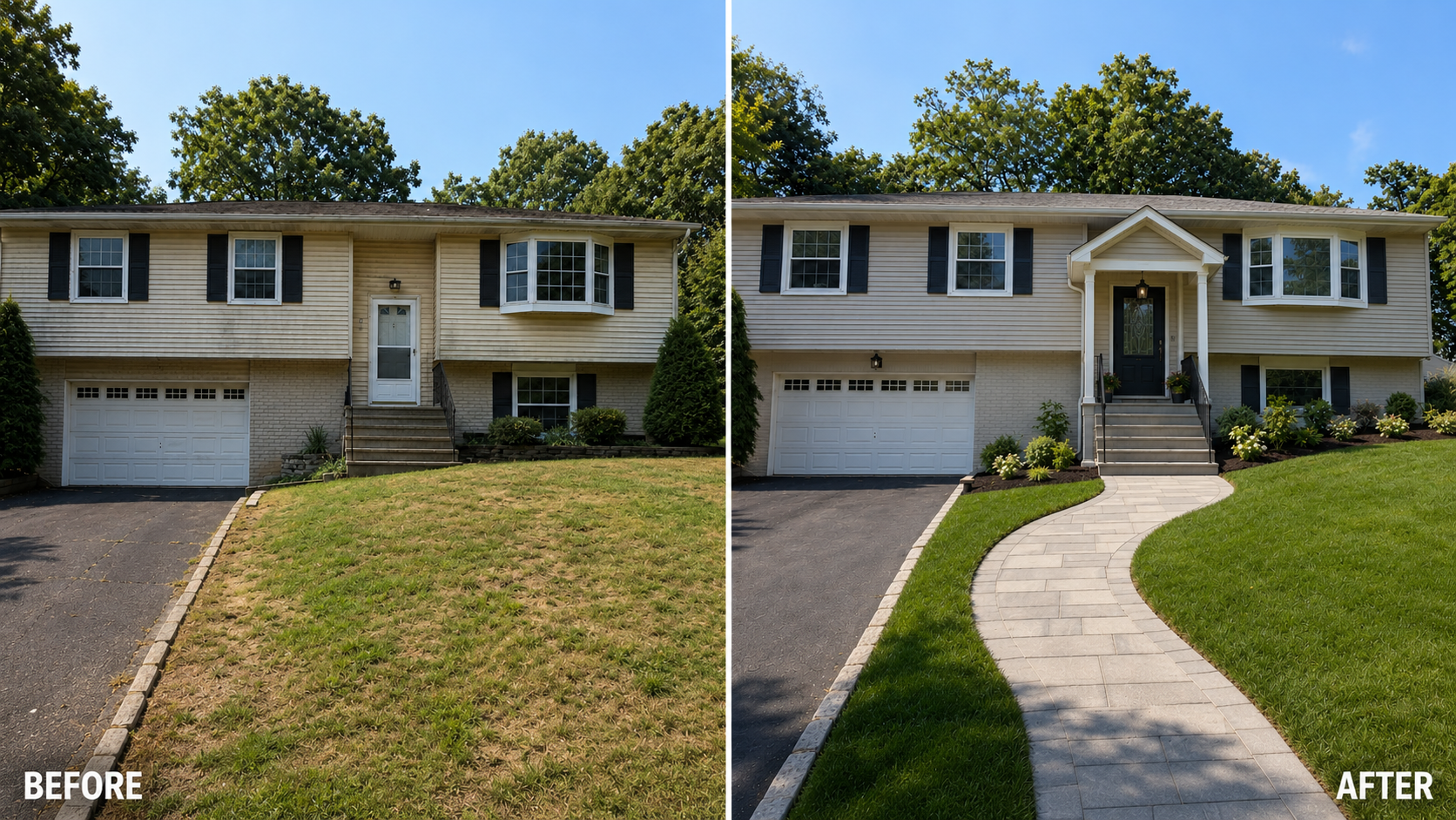 Raised ranch before and after curb appeal update with covered entry, curved walkway, and improved landscaping.