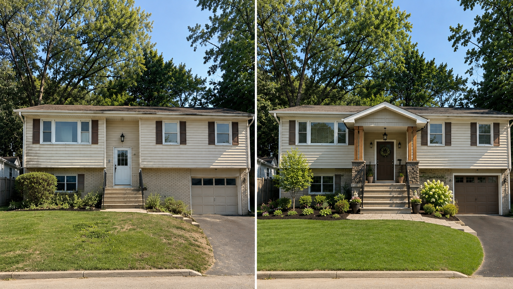 Raised ranch before and after exterior remodel with new covered entry, rebuilt stairs, and landscaping.