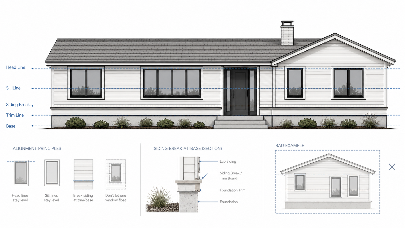 Ranch house siding alignment diagram showing window head lines, sill lines, trim lines, siding breaks, base alignment, and a siding break section detail.