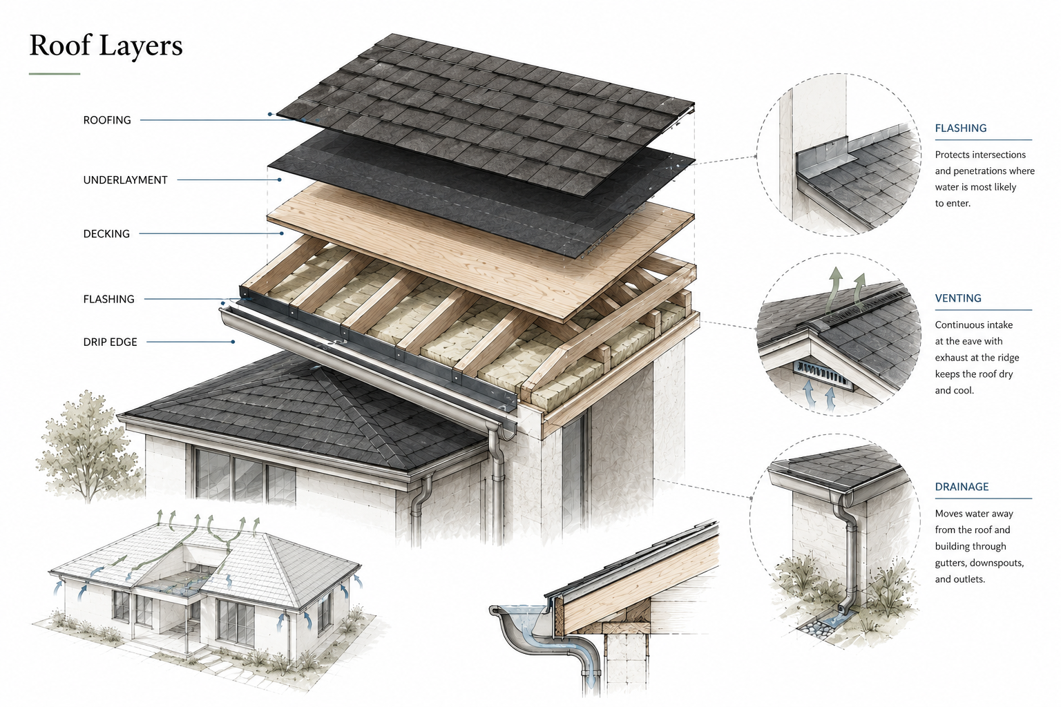 Roof layers diagram showing roofing, underlayment, decking, flashing, drip edge, venting, and drainage.