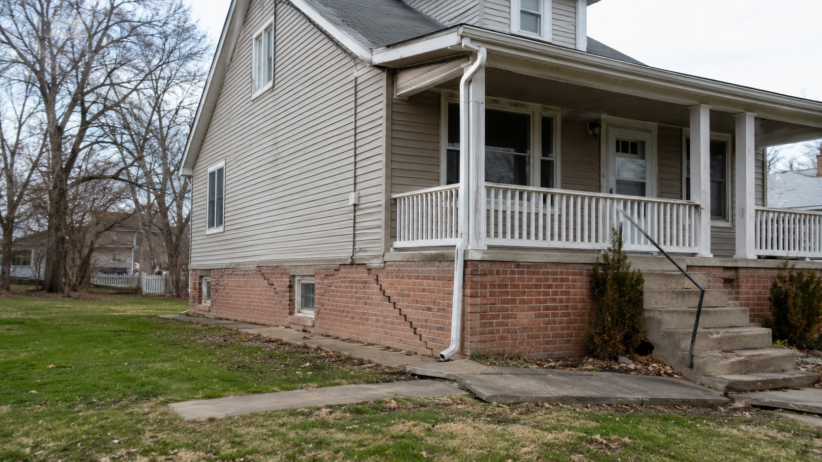 Older house with brick foundation cracks, uneven walkway, and visible signs of foundation settlement.