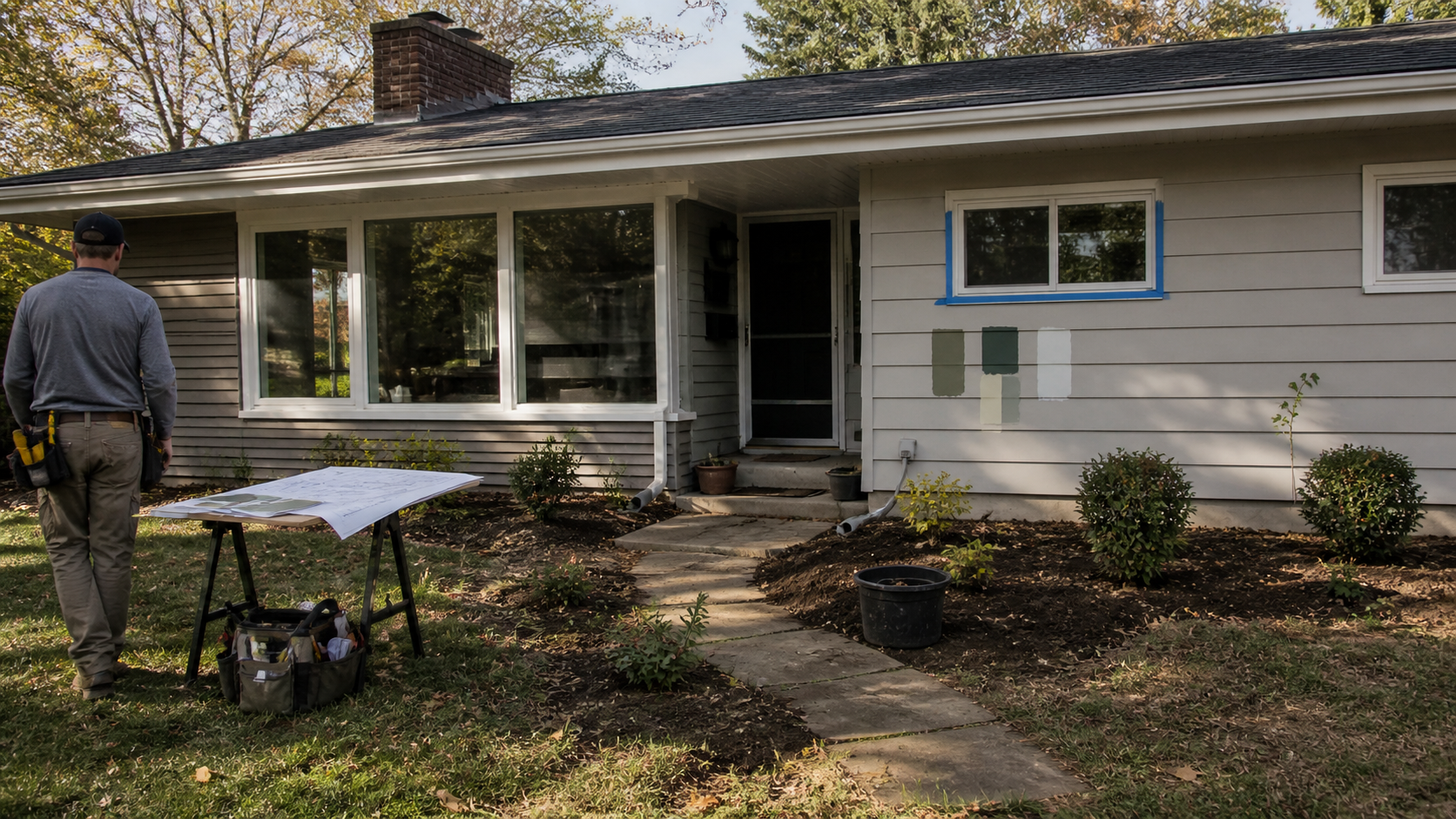 Small ranch house being updated with paint samples, large front windows, landscaping work, and renovation plans.