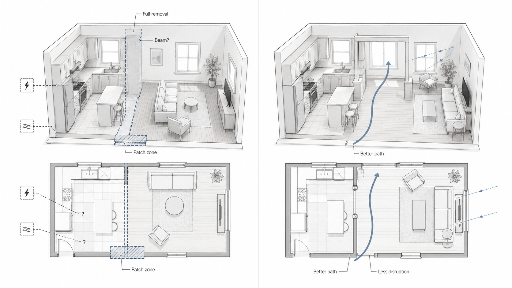 Comparison diagram showing how a spatial layout check can prevent unnecessary wall removal and reduce renovation disruption in a small kitchen and living area.