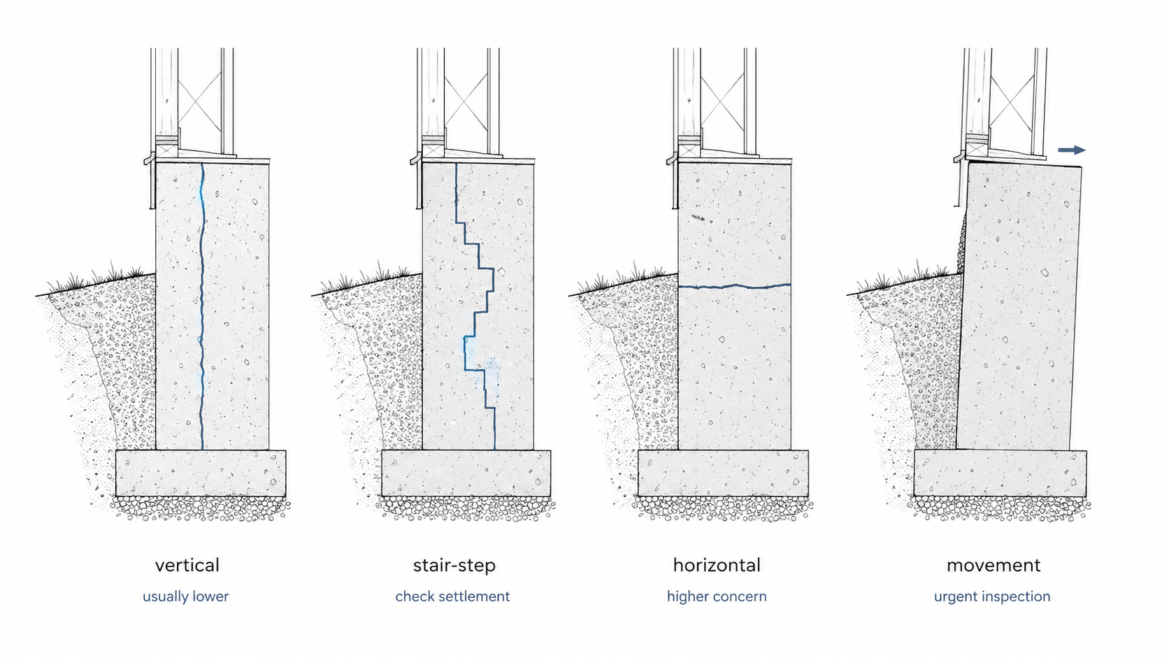 Stem wall crack pattern diagram comparing vertical, stair-step, horizontal, and movement cracks with basic concern levels before repair.