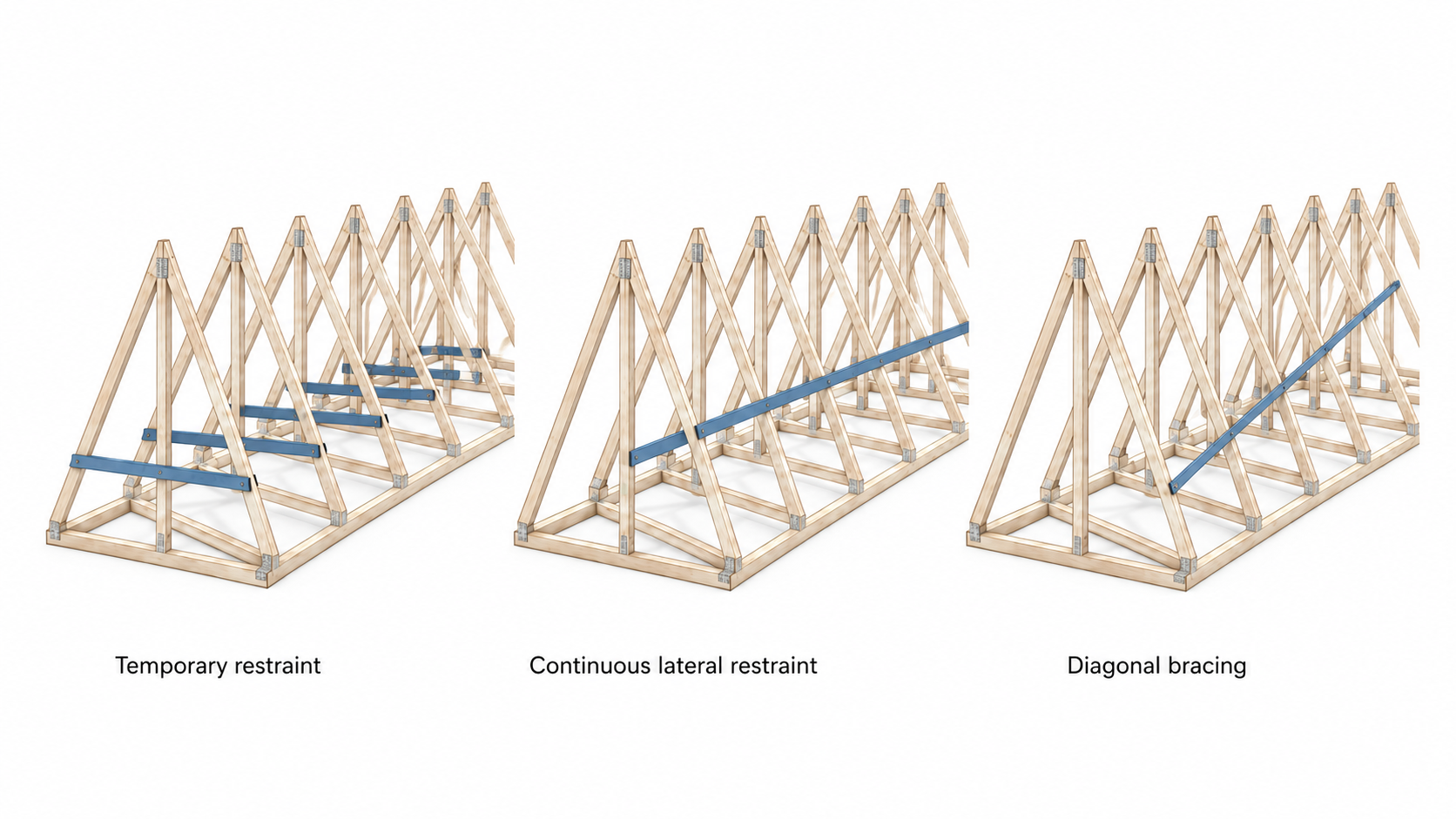 Comparison diagram showing temporary restraint, continuous lateral restraint, and diagonal bracing on repeated roof trusses.