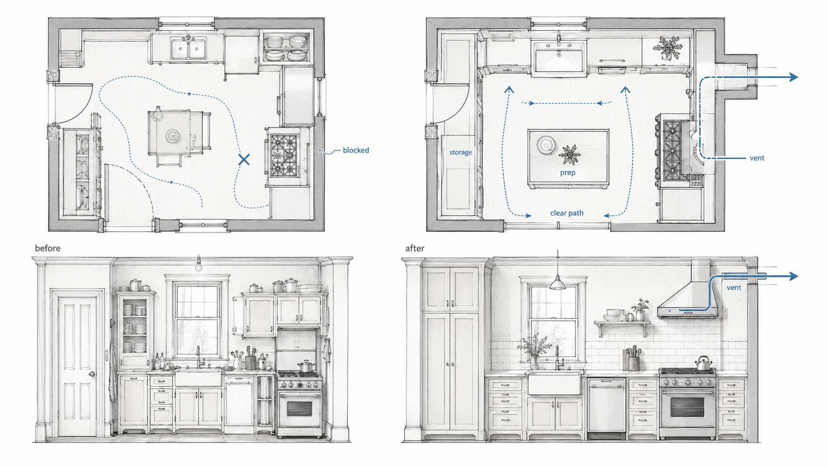 Before and after Victorian kitchen remodel diagram showing a cluttered old layout improved with clearer work zones, better storage, ventilation, and quieter modern appliances.
