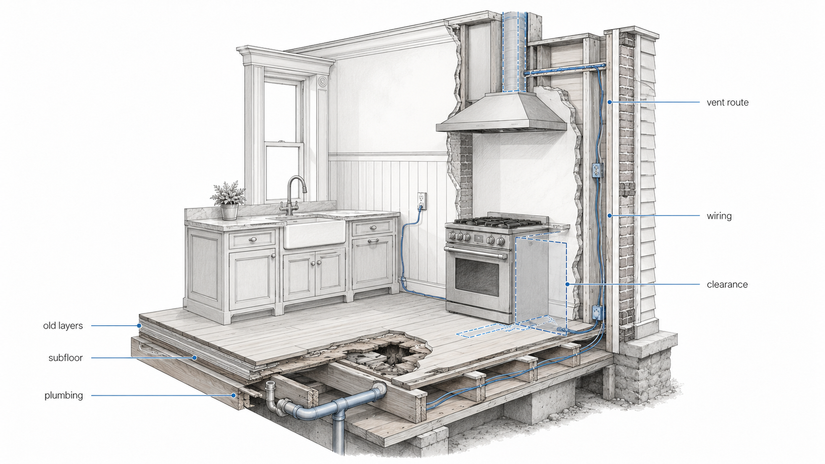 Victorian kitchen remodel diagram showing hidden cost areas including old floor layers, subfloor damage, plumbing, wiring, vent route, and appliance clearance.