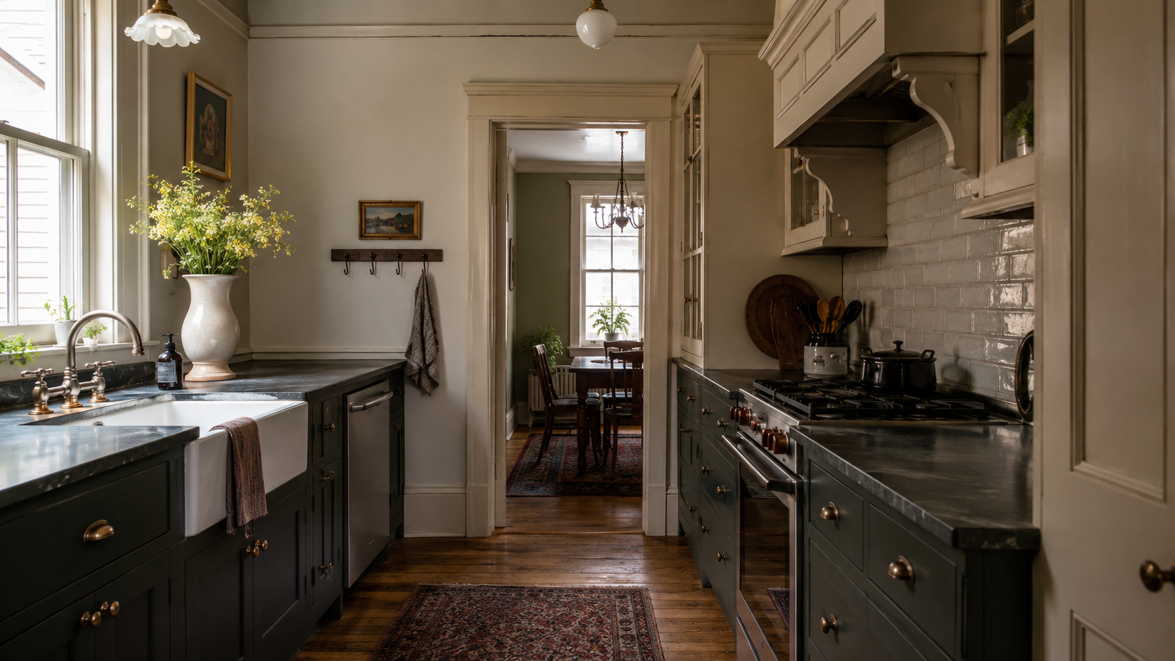 Victorian kitchen remodel with dark painted cabinets, apron-front sink, stone counters, old-house trim, and modern appliances worked quietly into the room.