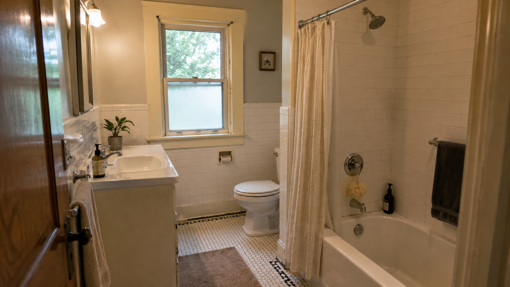 1920s bathroom renovation with old tile character and practical updated fixtures.