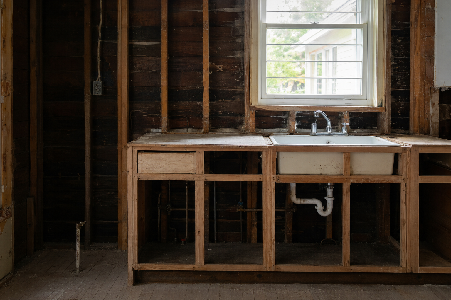 1920s kitchen mid-gut renovation with exposed studs, old sheathing, sink, and plumbing.