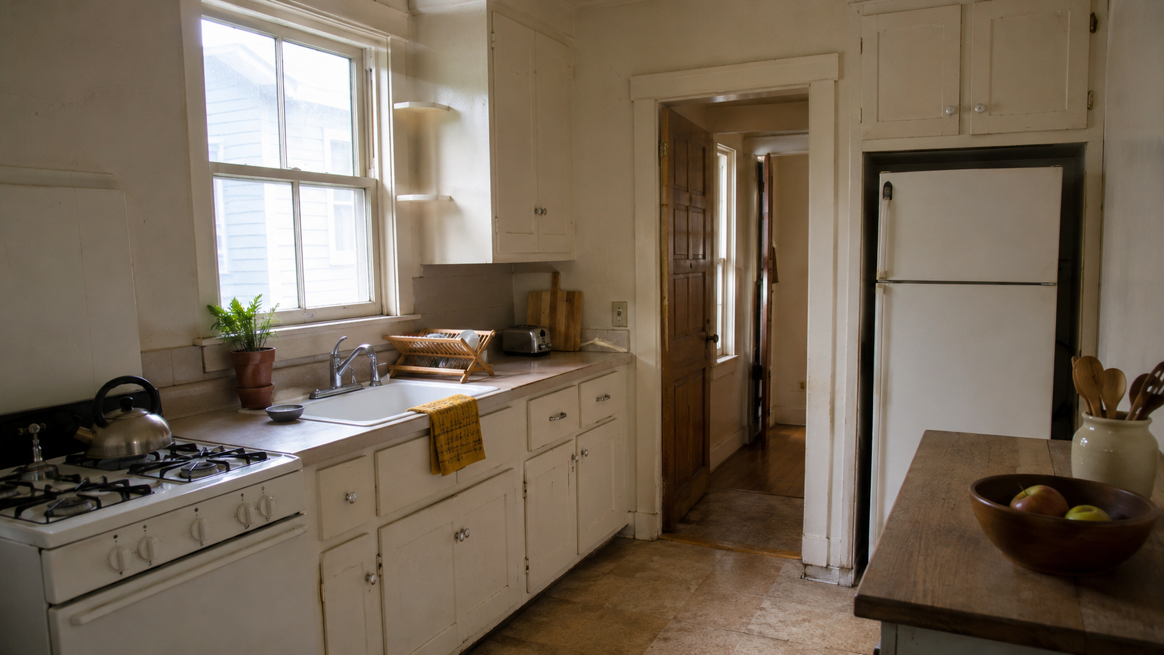 1920s kitchen renovation with modest cabinets, old-house trim, and practical layout.