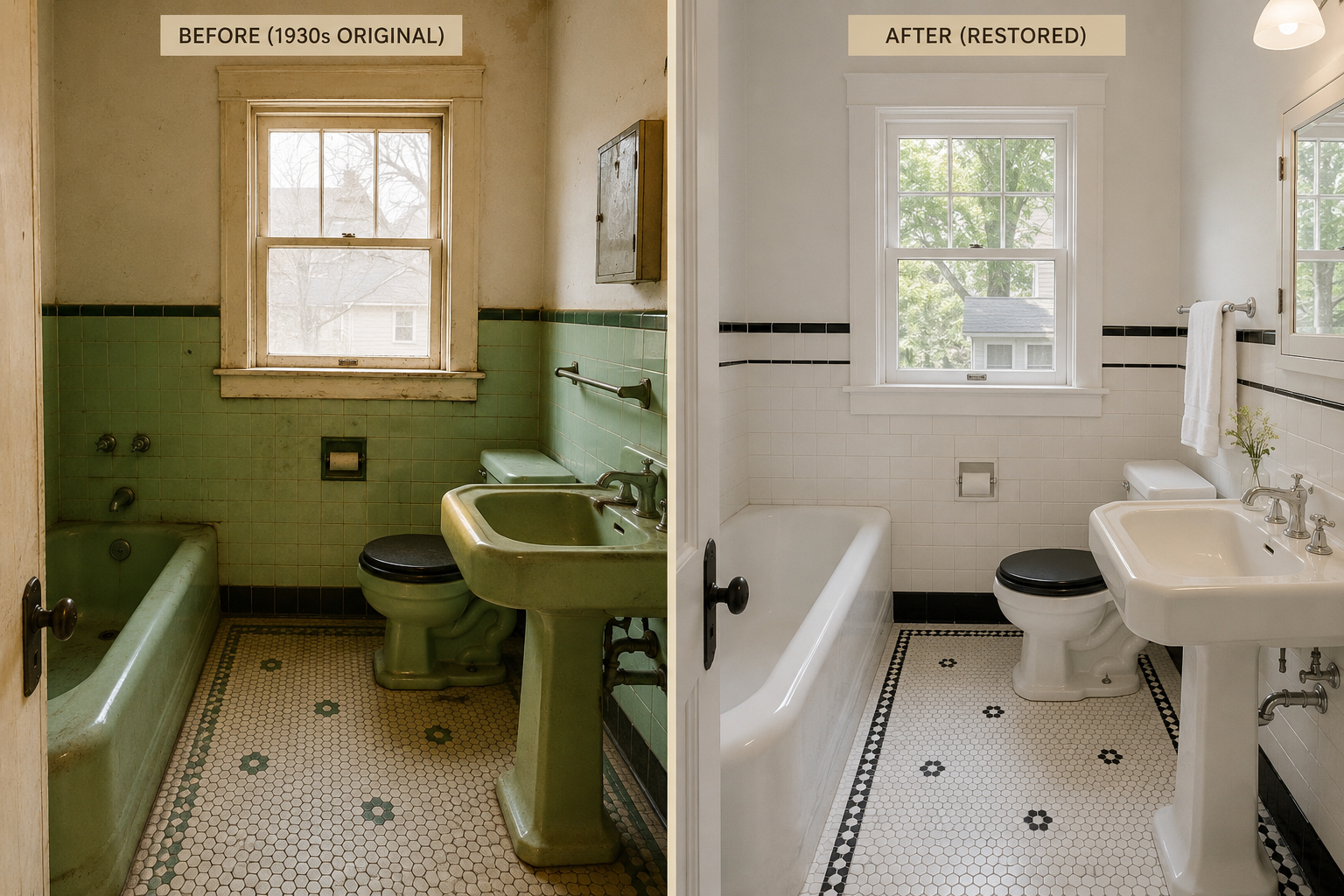 Before and after 1930s bathroom remodel with green original tile and fixtures restored to a white and black period style.