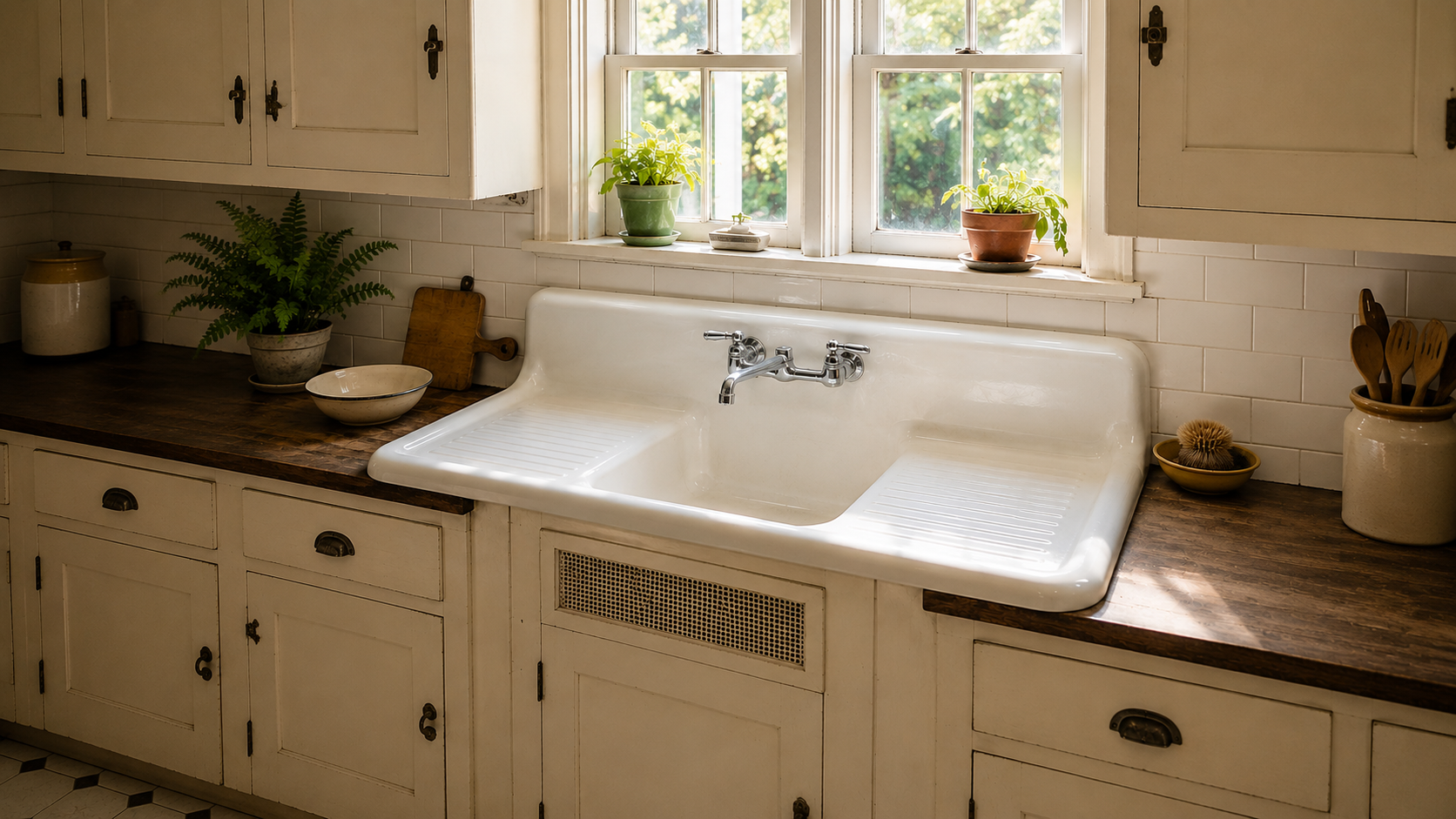 Authentic 1930s enamel drainboard sink with painted cabinets, wall-mounted faucet, and double-hung windows.