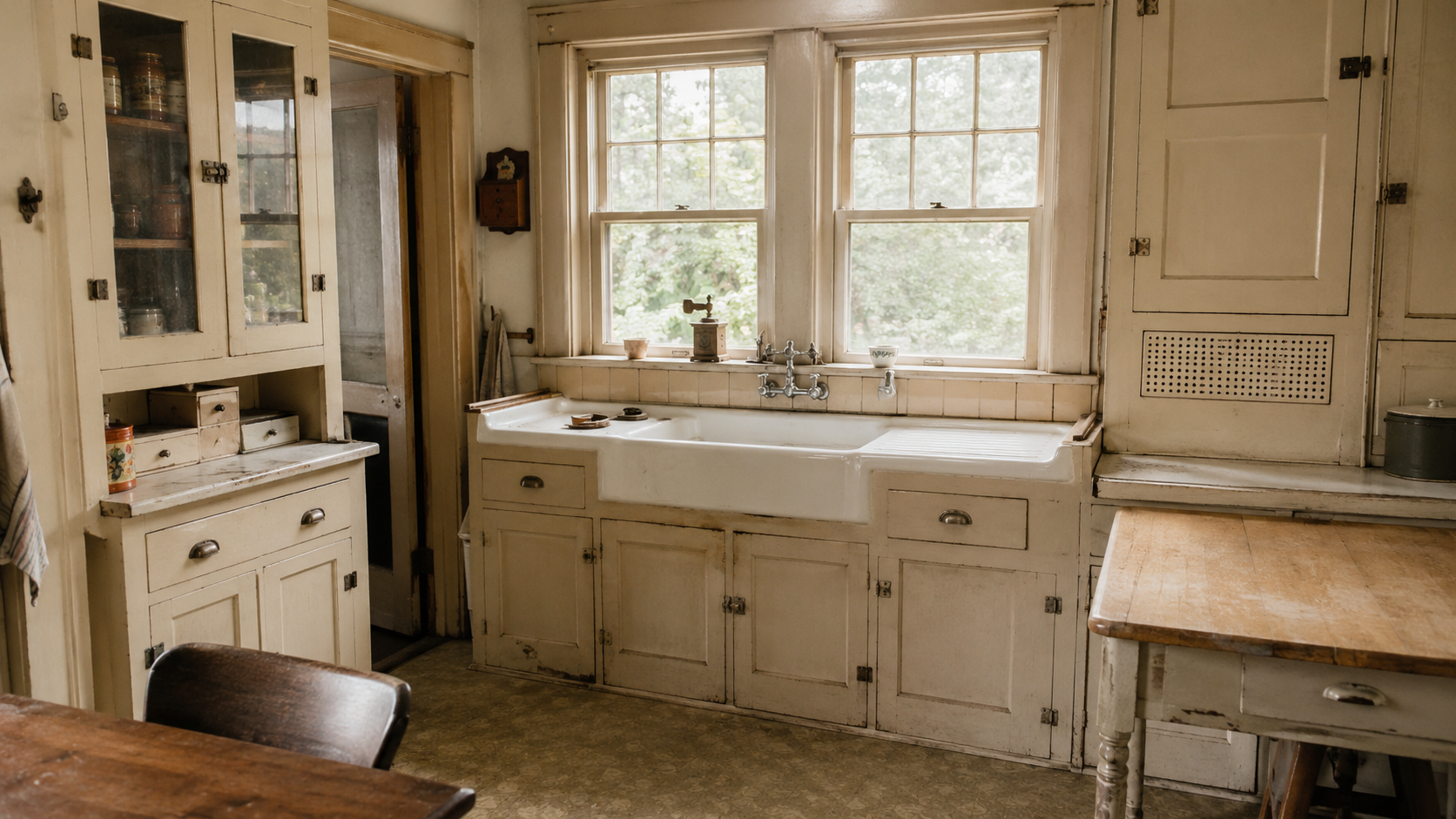 Original 1930s kitchen with painted cabinets, enamel drainboard sink, wood windows, and worn linoleum floor.