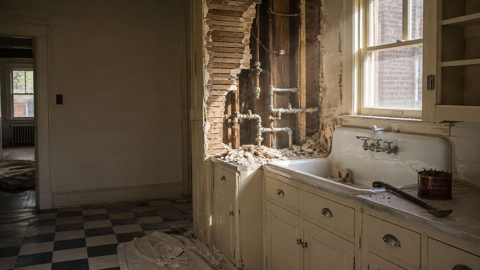 1930s kitchen demolition day with open lath-and-plaster wall, exposed plumbing, enamel sink, and checkerboard floor.