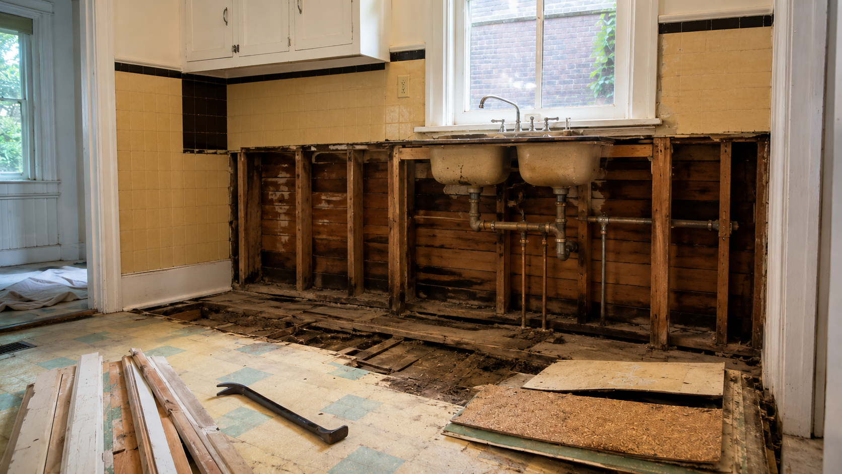 Open 1930s kitchen sink wall showing exposed plumbing, old wall boards, floor layers, and cabinet damage.