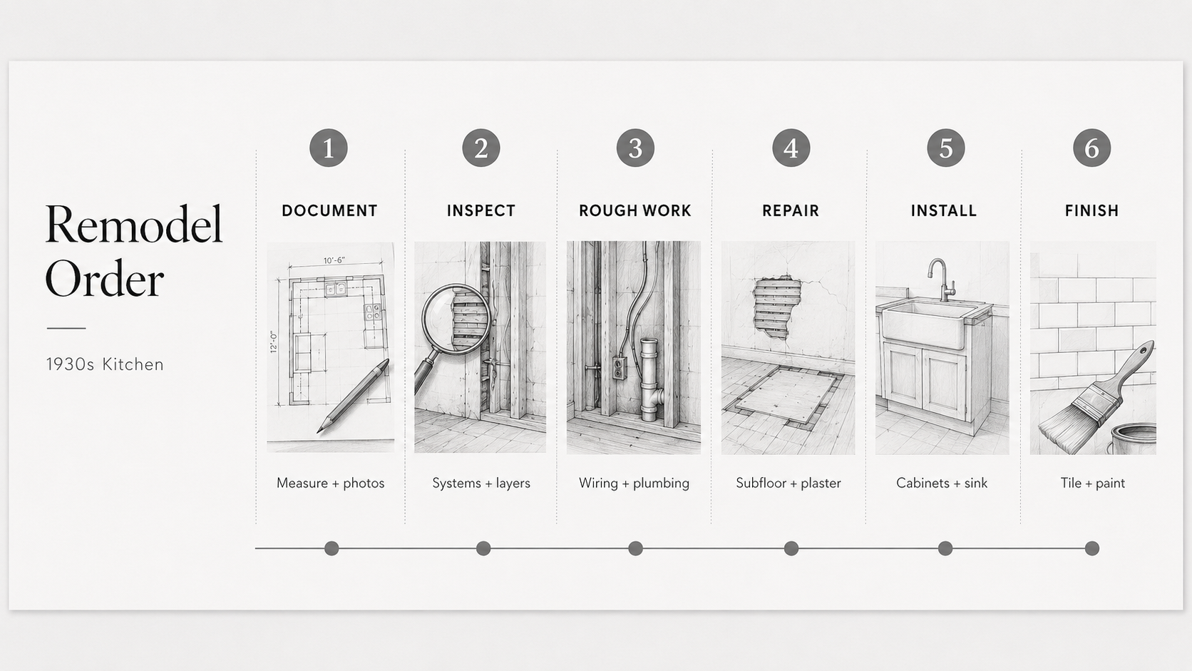 Diagram showing the correct remodel sequence for a 1930s kitchen from inspection to finishes.