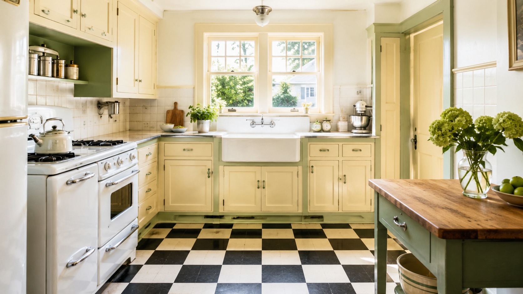 Restored 1930s kitchen with cream cabinets, green accents, enamel sink, old stove, and checkerboard floor.