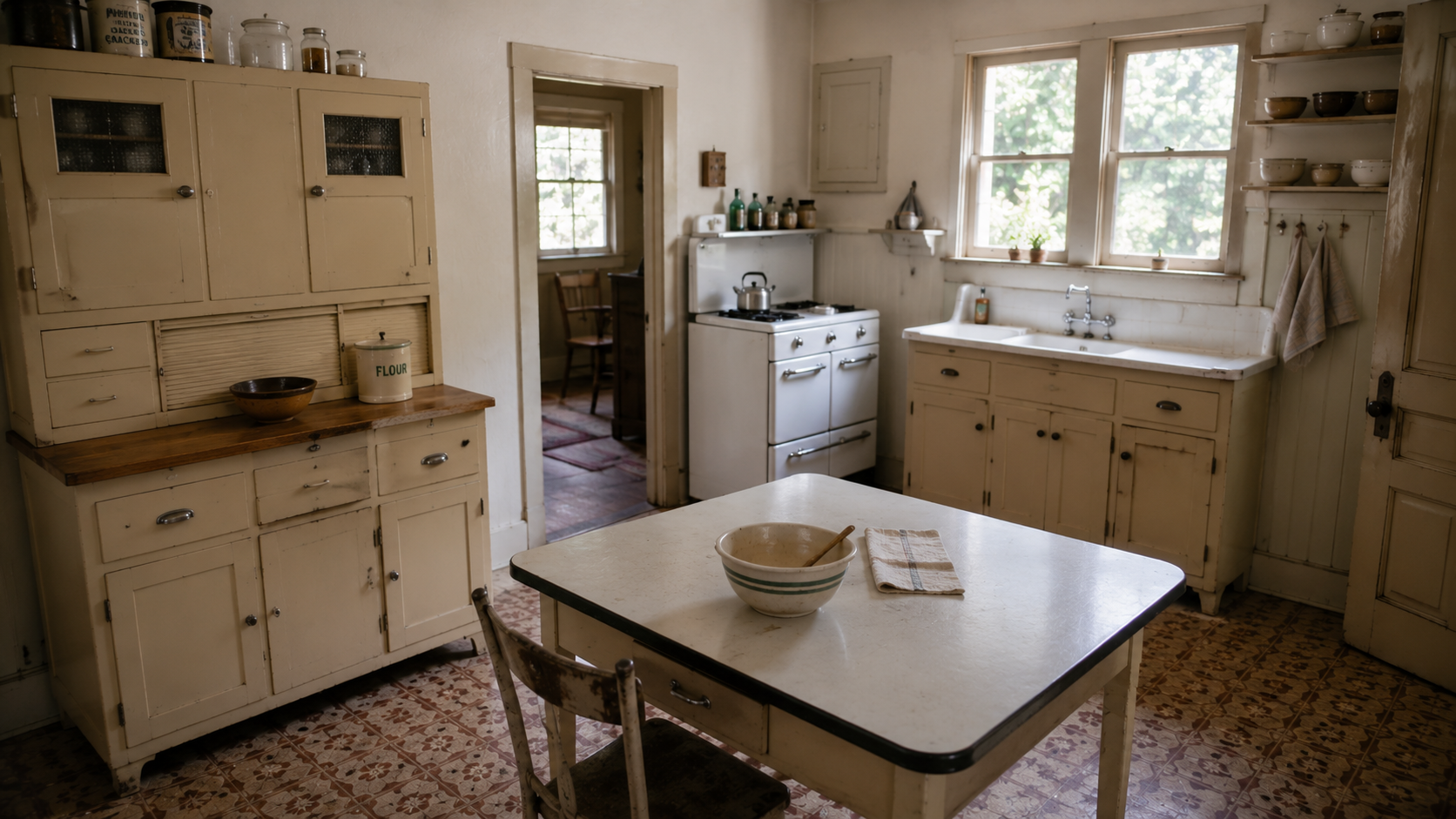 1930s unfitted kitchen with Hoosier cabinet, enamel-top worktable, separate stove, and short sink run.