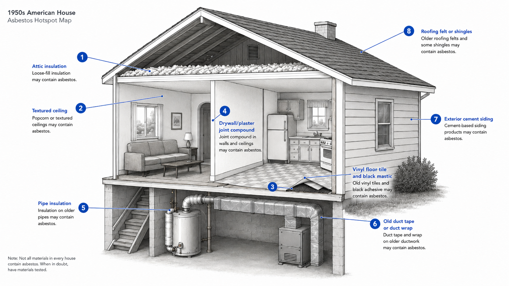 Cutaway diagram of a 1950s house showing common suspect asbestos locations.