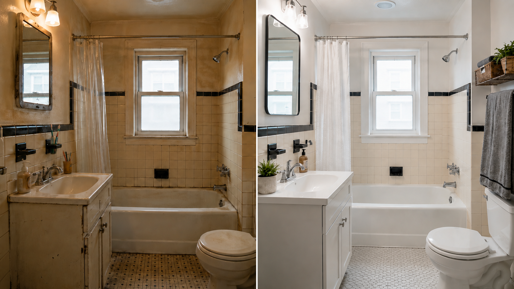 Before and after 1950s bathroom remodel with original tile, modern vanity, updated mirror, new floor, and better lighting.