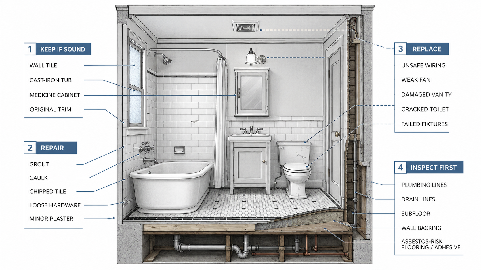1950s bathroom remodel diagram showing what to keep, repair, replace, and inspect first.