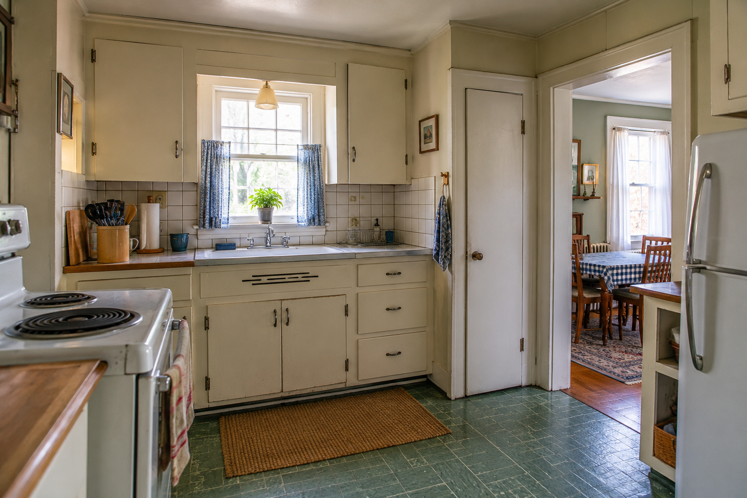 1950s Cape Cod kitchen with older cabinets, sink window, narrow doorway, and worn flooring.