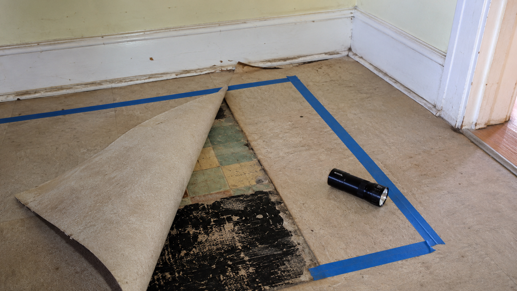 Lifted flooring in a 1950s house revealing old square vinyl tiles and black adhesive.