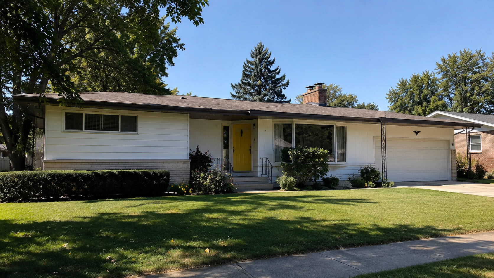 White 1950s ranch house with yellow front door, picture window, attached garage, and broad lawn.