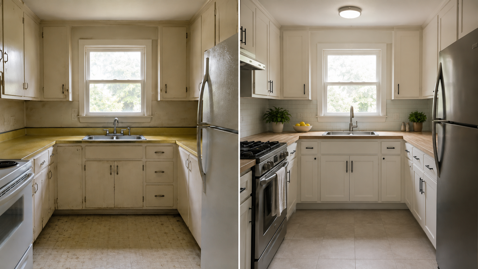 Before and after 1950s kitchen remodel with improved cabinets, lighting, appliances, flooring, and layout.