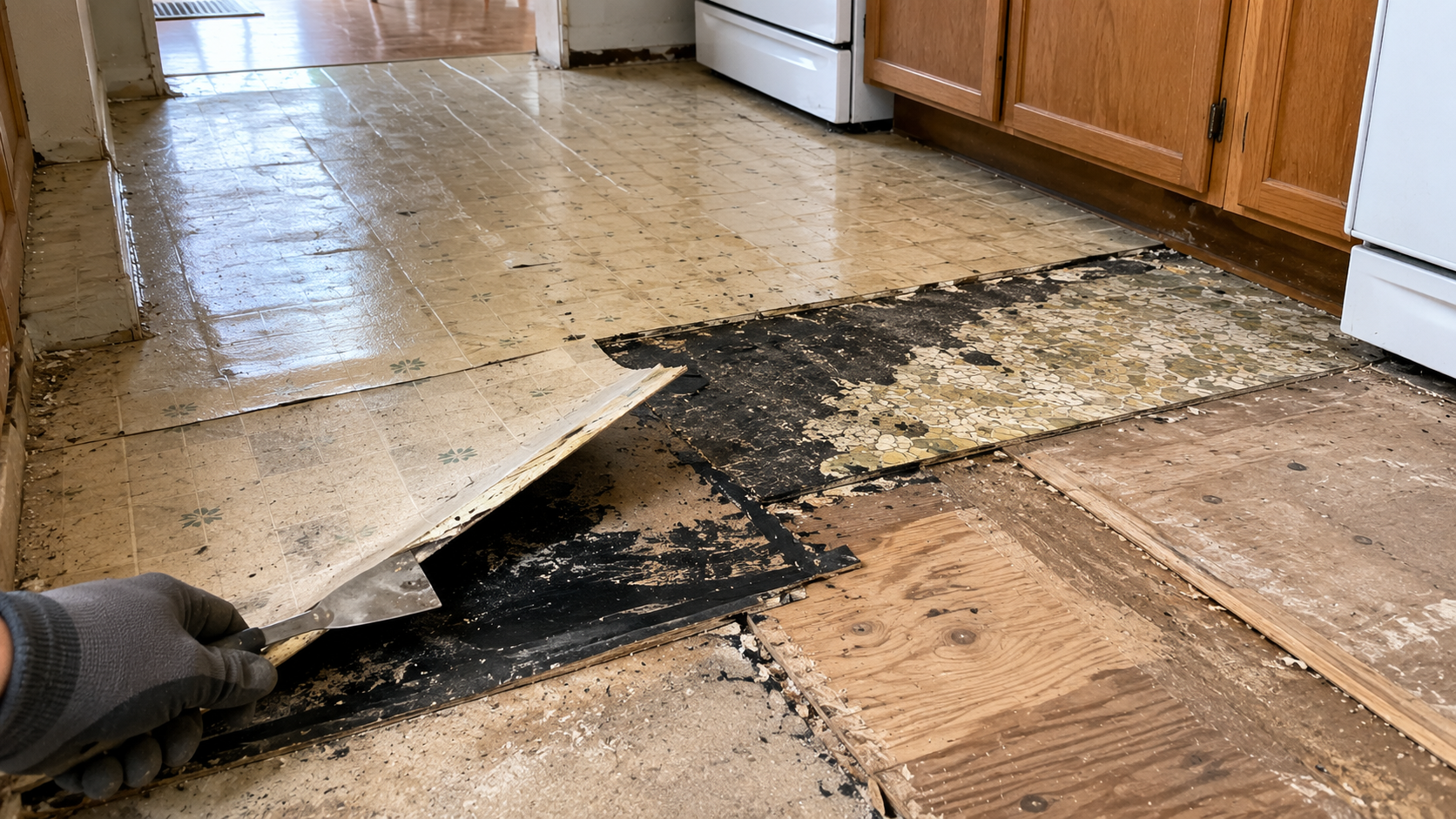 Old kitchen floor layers exposed during a 1950s ranch kitchen remodel.