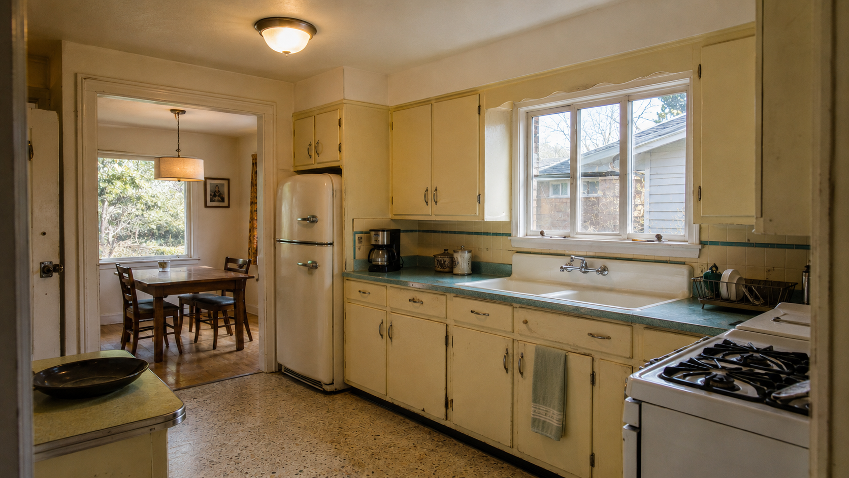 Preserved 1950s kitchen with cream cabinets, vintage refrigerator, laminate counter, and dining room view.