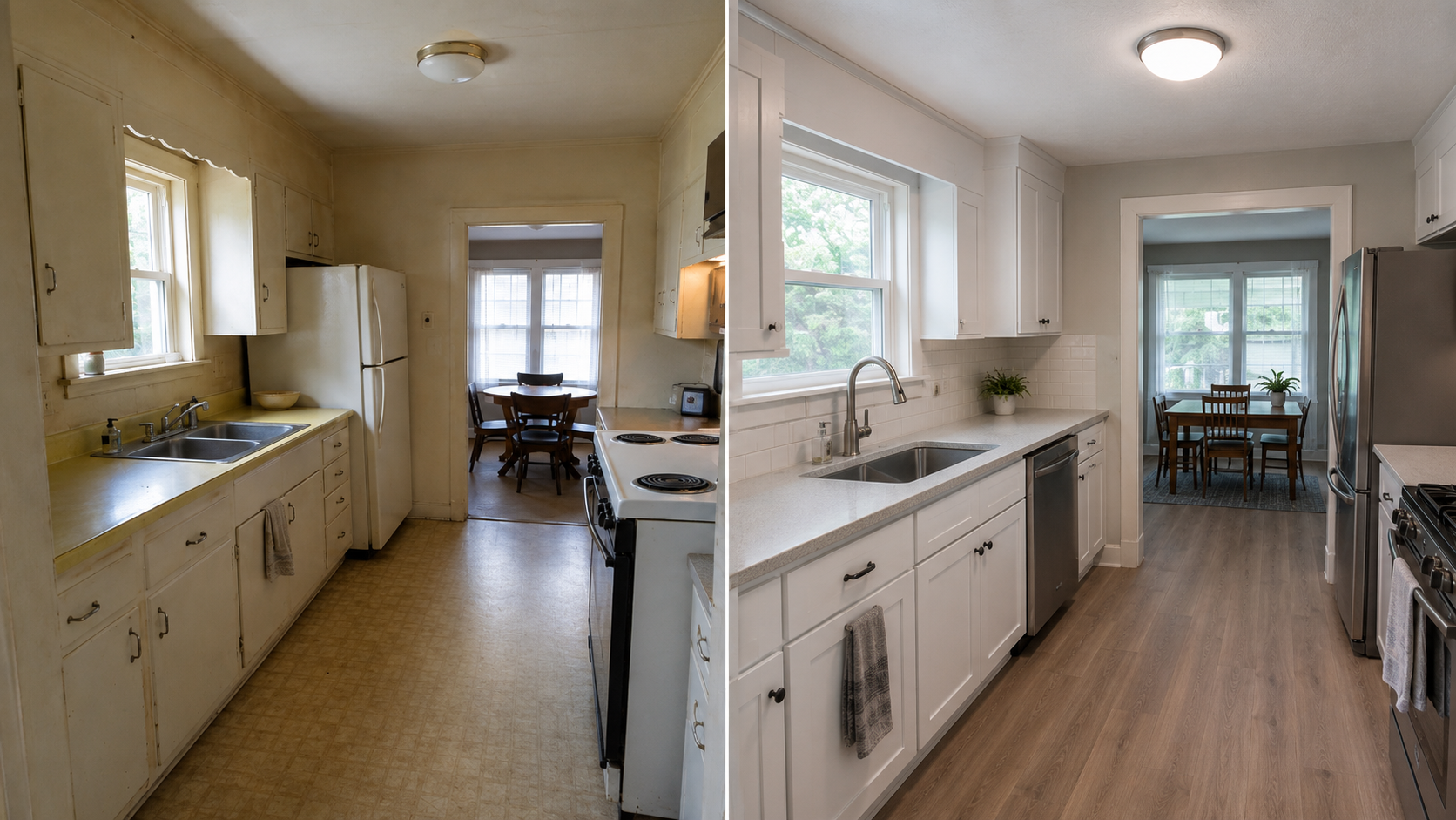 Before and after comparison of a modest 1950s ranch kitchen remodel with better lighting and appliance fit.