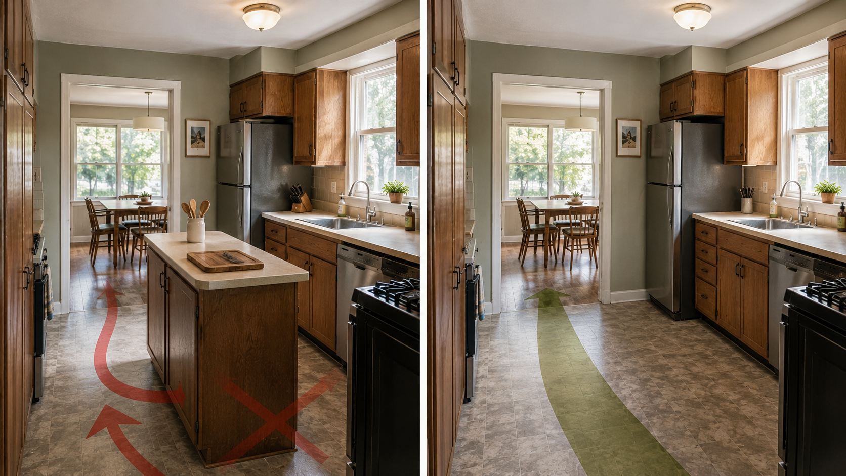 Visual comparison showing a forced island mistake versus a better layout fix in a small 1950s ranch kitchen.