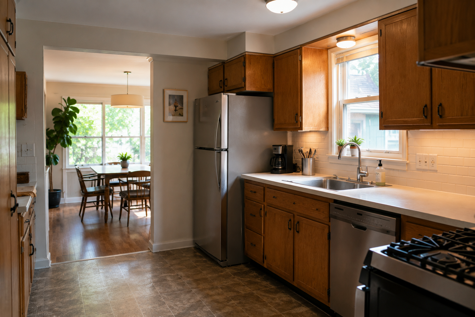 1950s ranch kitchen remodel with improved cabinets, better lighting, and kept layout.