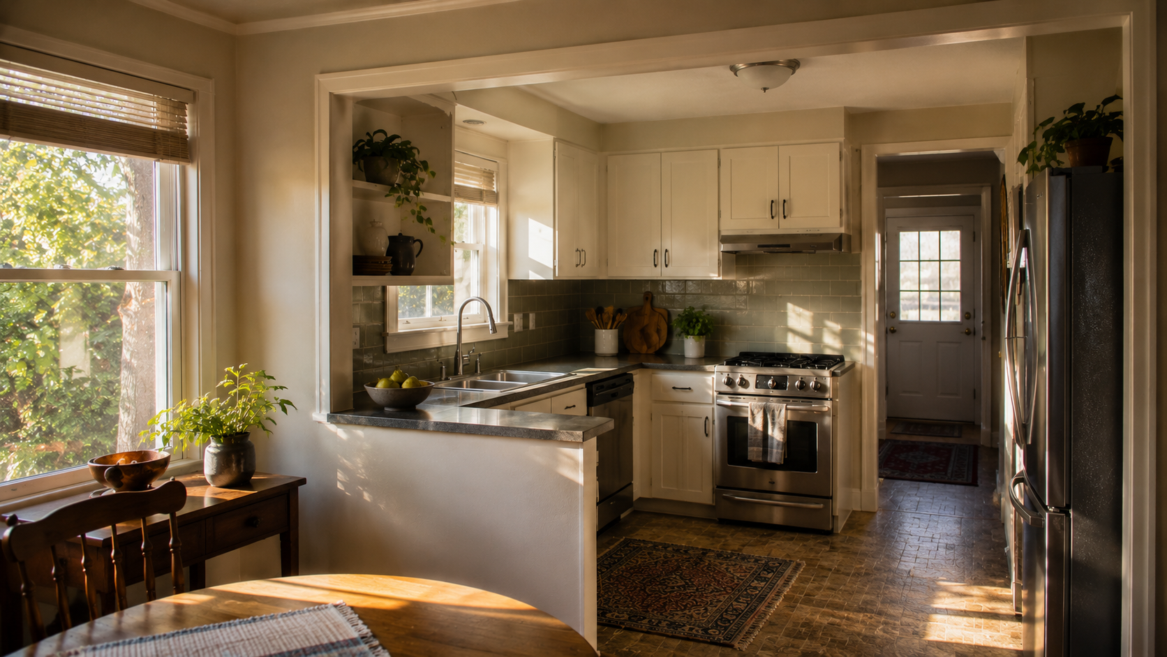 1950s ranch kitchen remodel with partial wall opening, daylight, modest cabinets, and realistic old-house details.