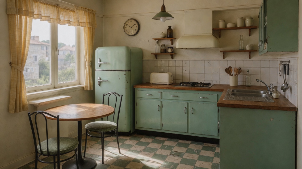Small 1950s kitchen with mint cabinets, vintage fridge, checkerboard floor, and breakfast table.