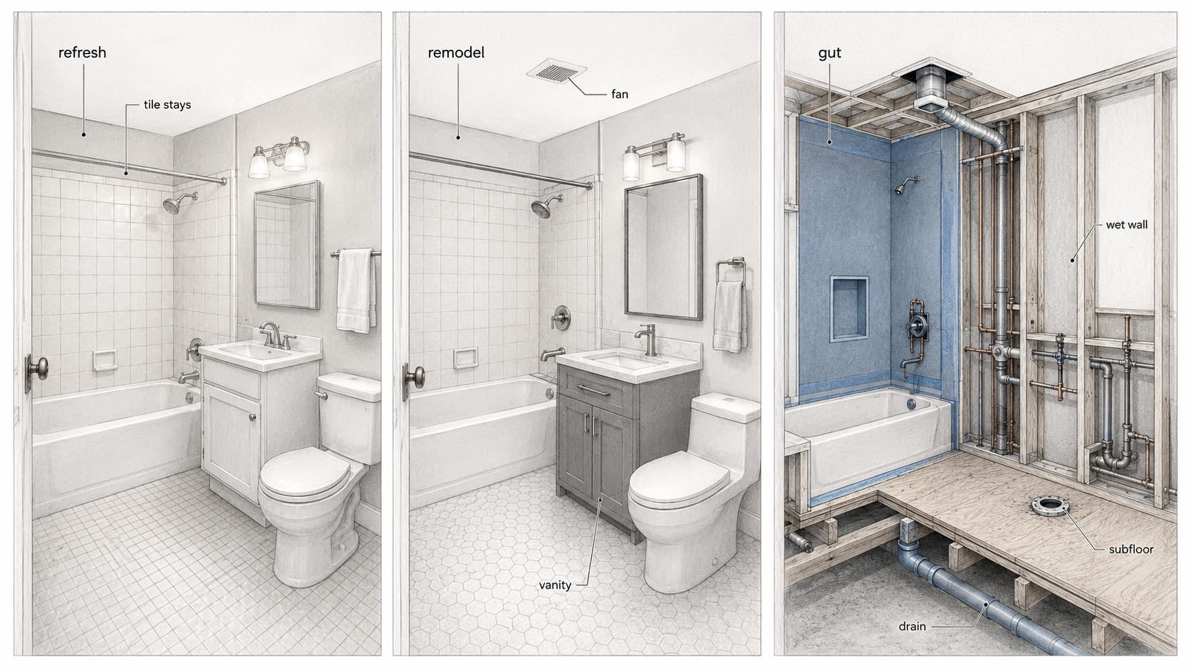 Three-panel bathroom comparison diagram showing a 1960s bathroom refresh, remodel, and gut rebuild with tile, vanity, fan, wet wall, subfloor, and drain changes.