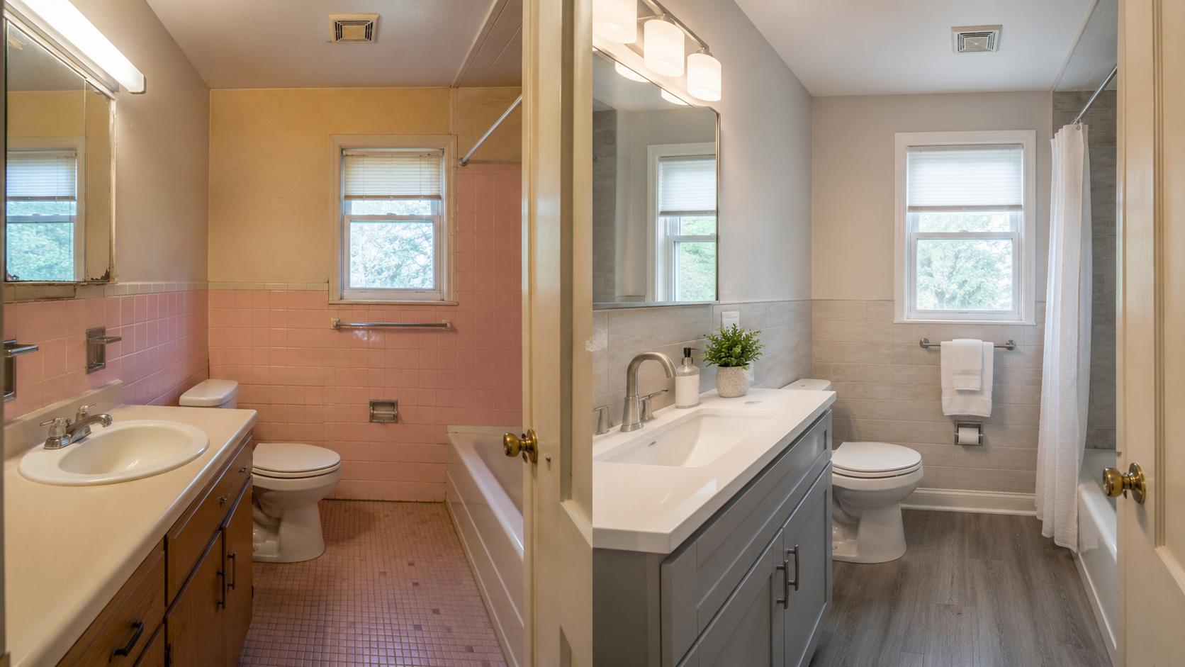 Before and after image of a 1960s bathroom remodel showing dated pink tile, old vanity, and yellow walls replaced with a cleaner updated bathroom.