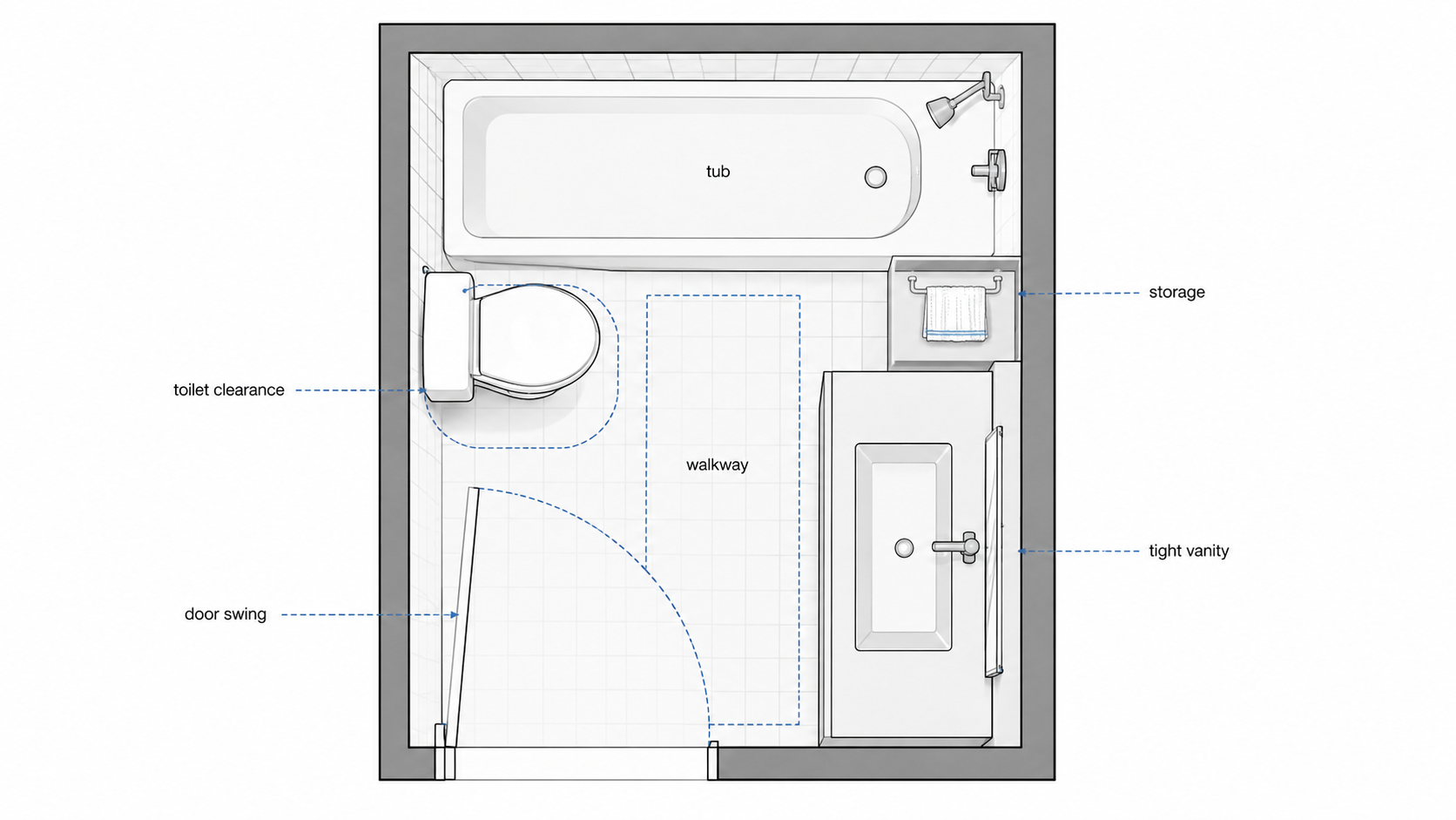 Small 1960s bathroom floor plan showing tub, toilet clearance, narrow walkway, door swing conflict, tight vanity, and towel storage.